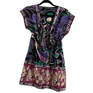 HALE BOB Purple Abstract Floral Silk V-Neck Mini Sundress Size Small